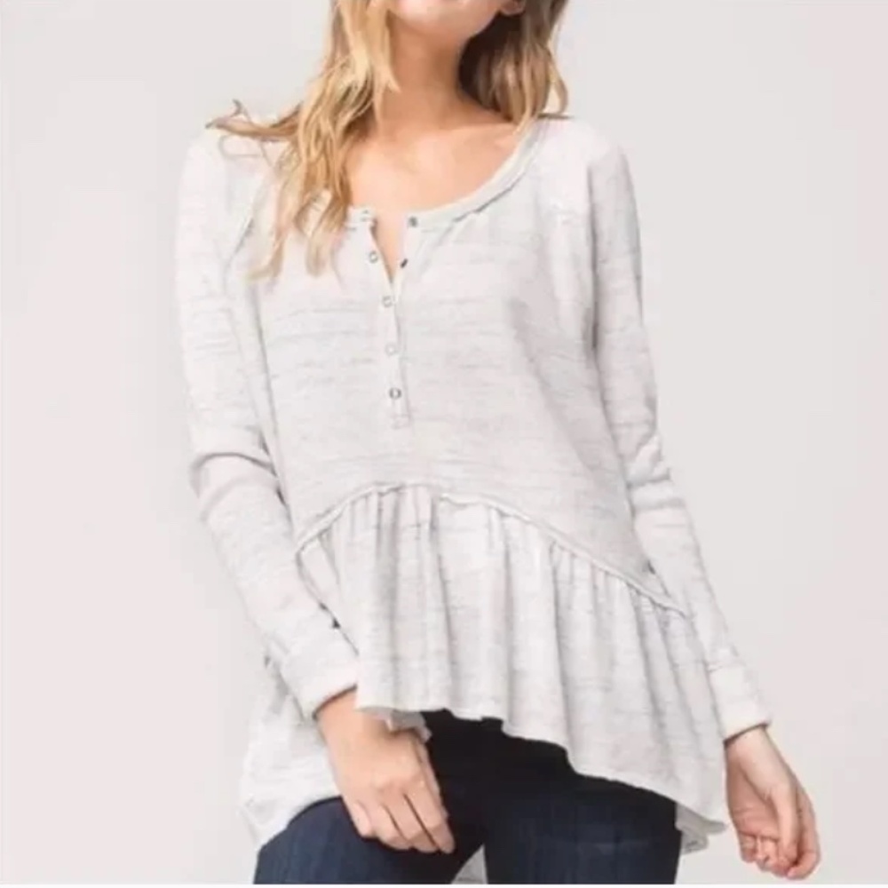 Free People Coastline Thermal Henley S Blue Space dye Waffle Knit Peplum Bella